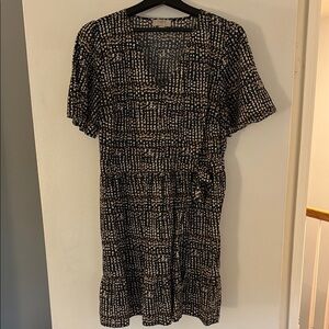 Navy and Beige Patterned Wrap Dress